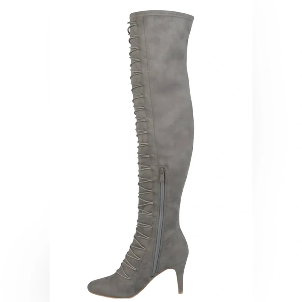 Thrill Journee Collection NWT Sz 7 Gray Faux Leather Over the Knee Lace-Up Boots - Picture 11 of 14